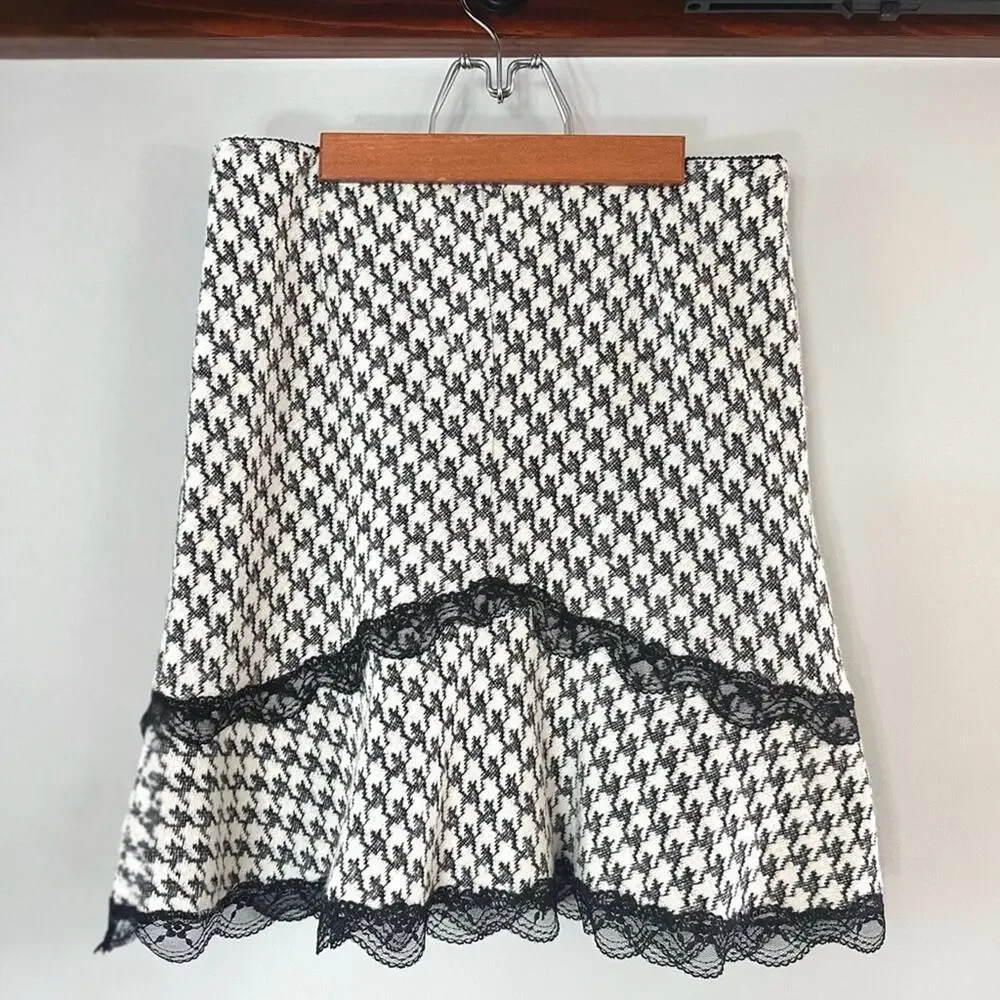 Lux Lux Lux Y2K Houndstooth Lace Trim Flare Skirt Black White M